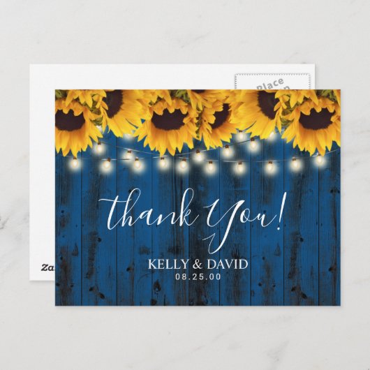 Carte Postale Mariage Rustique Merci de la marine Blue Sunflower (Devant / Derrière)