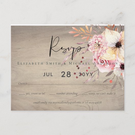 Carte Postale Mariage Rustique rose rose floral Sage RSVP (Devant)