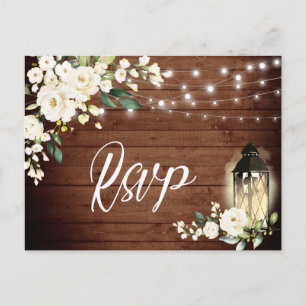 Carte Postale Mariage Rustique RSVP Roses Blanches Bois