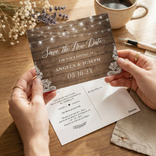 Carte Postale Mariage Sauvegarder la nouvelle date Rustique Lumi