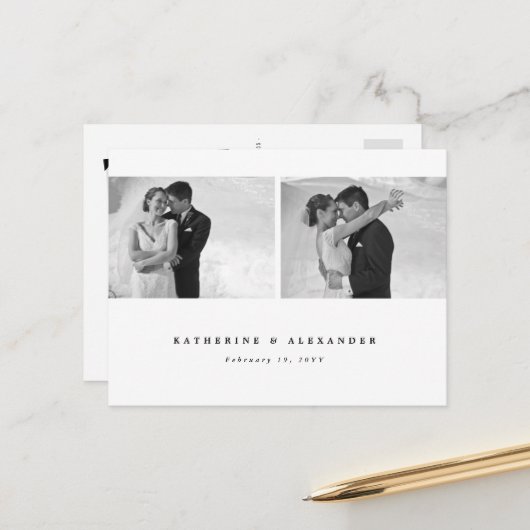 Carte Postale Mariage simple blanc de cadre blanc Merci 2 Photo (Devant/Arrière en situation)
