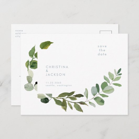 Carte Postale Mariage simple Eucalyptus Enregistrer la date (Devant / Derrière)