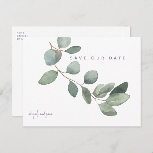 Carte Postale Mariage simple Eucalyptus Lavender Enregistrer la  (Devant / Derrière)