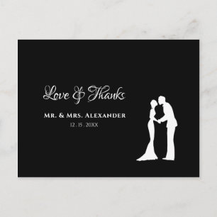 Carte Postale Mariage simple, Merci noir, mariée blanche