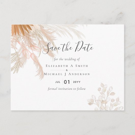 Carte Postale Mariage Tropical à l'Herbe de Pampas en Terracotta (Devant)