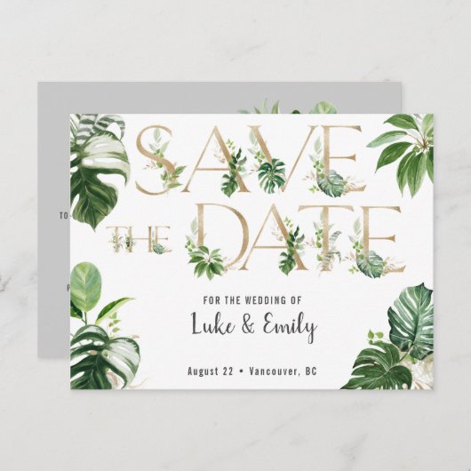 Carte Postale Mariage tropical Enregistrer la date (Devant / Derrière)