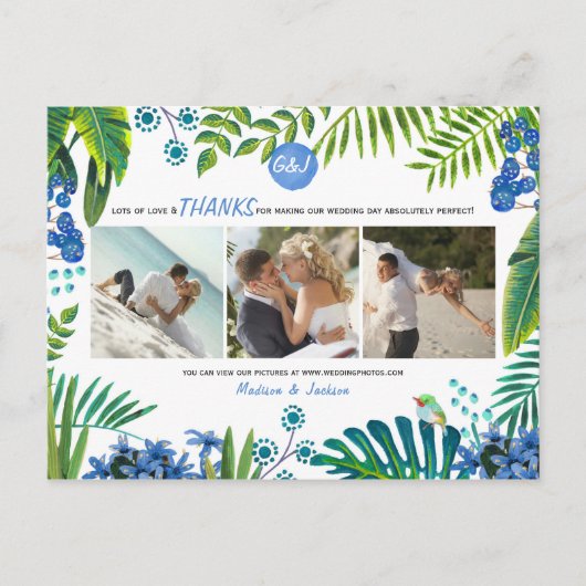 Carte Postale Mariage tropical Merci Feuille | 3 Photos (Devant)