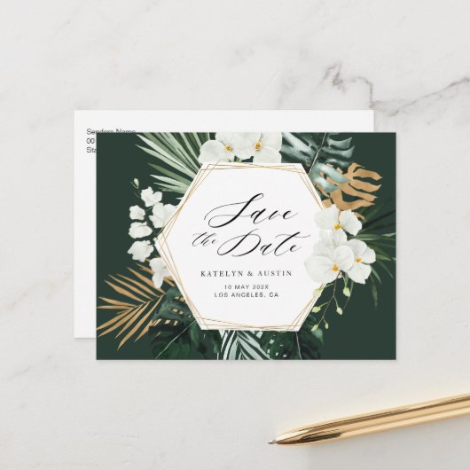 Carte Postale mariage vert tropical enregistrer la date (Devant/Arrière en situation)