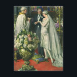 Carte Postale Mariage vintage, Mariée et Salle avec Menorah<br><div class="desc">Illustration vintage image de cérémonie d'amour et de romance mariage montrant un couple se marier dans une belle synagogue avec vitraux,  fleurs et une menorah à sept branches. La mariée porte une longue robe blanche mariage et le marié est beau dans son smoking.</div>
