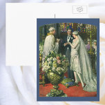 Carte Postale Mariage vintage, Mariée et Salle avec Menorah<br><div class="desc">Illustration vintage image de cérémonie d'amour et de romance mariage montrant un couple se marier dans une belle synagogue avec vitraux,  fleurs et une menorah à sept branches. La mariée porte une longue robe blanche mariage et le marié est beau dans son smoking.</div>