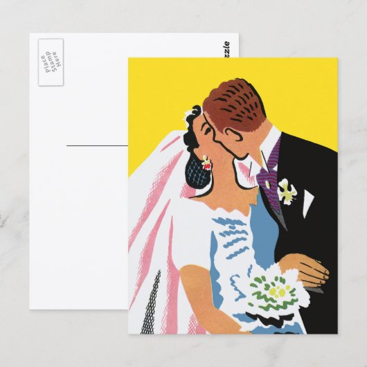 Carte Postale Mariage Vintage, Mariés s'embrassant (Devant / Derrière)