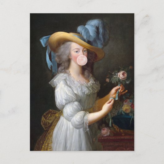 Carte Postale Marie Antoinette soufflant une gomme à bulle rose (Devant)