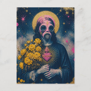 Carte Postale Marie-Madeleine dans un masque à gaz rose