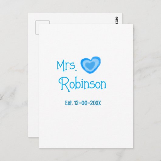 Carte Postale Mariée à être Mme ajouter nom date coeur bleu wate (Devant / Derrière)