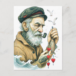 Carte Postale Marin avec pipe et petits cœurs