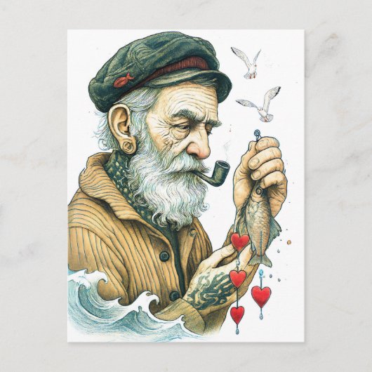 Carte Postale Marin avec pipe et petits cœurs (Devant)