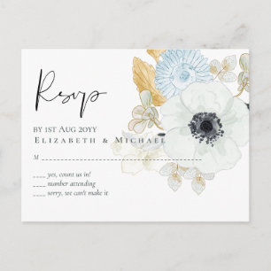 Carte Postale Marine Blanc or Floral Mariage Budget RSVP