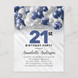 Carte Postale Marine Bleu Bleu Parties scintillant de ballons d'<br><div class="desc">Glam Moderne Marine Bleu Balloon Argent Parties scintillant Étincelle N'importe quel âge Anniversaire Invitation</div>