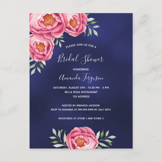 Carte Postale Marine bleu bleu rose flores nuptiale Douche nupti (Devant)