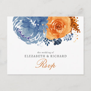 Carte Postale Marine Bleu Brûlé Orange Floral Mariage de automne