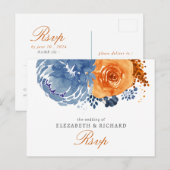 Carte Postale Marine Bleu Brûlé Orange Floral Mariage de automne (Devant / Derrière)