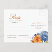 Carte Postale Marine Bleu Brûlé Orange Floral Mariage de automne (Dos)