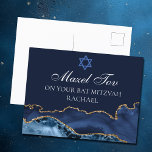 Carte Postale Marine Blue Gold Custom Bat mitzvah Mazel Tov<br><div class="desc">Elégante agate bleu marine et or orne le côté de cette carte postale de félicitations Bat mitzvah moderne. Mazel Tov ! Customisez-le sous l'Etoile de David. Carte postale parfaite pour une famille juive chic et élégante célébrant une fille appelée à la Torah.</div>