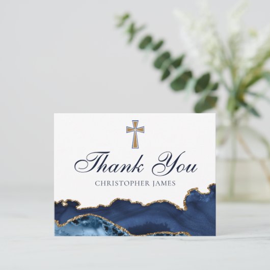 Carte Postale Marine Blue Gold Custom Christian Cross Merci (Debout devant)