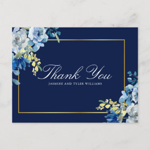 Carte Postale Marine Blue Gold Floral Élégant Merci Script