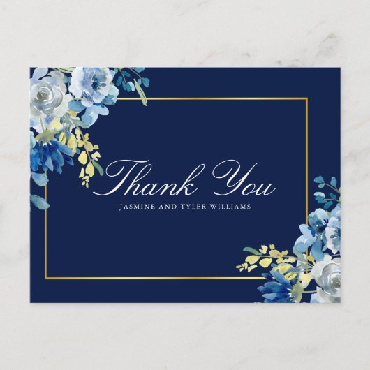 Carte Postale Marine Blue Gold Floral Élégant Merci Script (Devant)