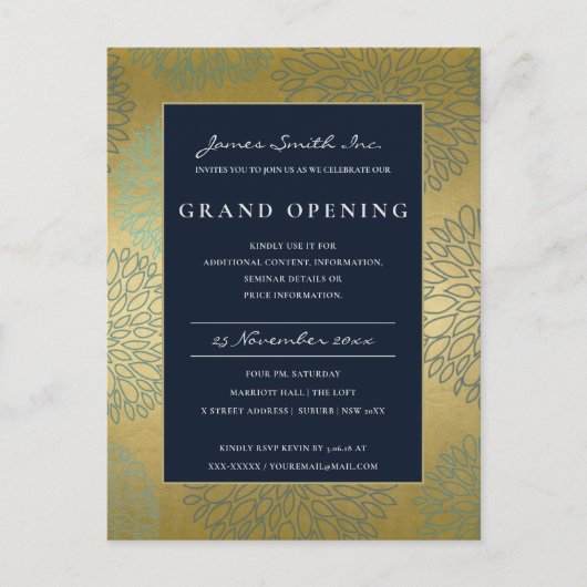 CARTE POSTALE MARINE BLUE OR DAHLIA FLORAL GRAND OUVERT INVITATI (Devant)