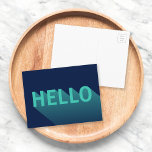 Carte Postale Marine moderne bleu et Aqua Turquoise Hello Typogr<br><div class="desc">Envoyez un bonjour à votre famille et à vos amis avec cette carte bleue marine colorée avec un design abstrait moderne d'un aqua et teinte turquoise "Hello" avec un long dégradé d'ombre. *Veuillez noter que le filigrane Zazzle qui apparaît dans l'aperçu du zoom n'apparaîtra PAS sur le produit imprimé final....</div>