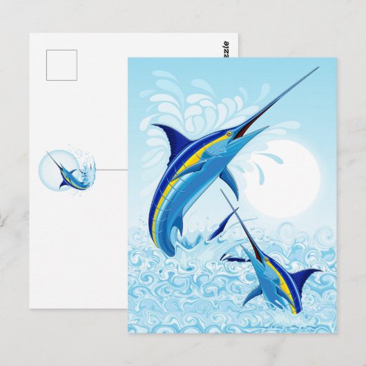 Carte Postale Marlin Bleu Jaillissant de l'Océan (Devant / Derrière)