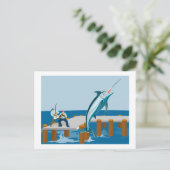 Carte Postale Marlin bleu sautant avec pêcheur (Debout devant)