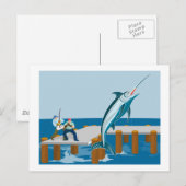 Carte Postale Marlin bleu sautant avec pêcheur (Devant / Derrière)