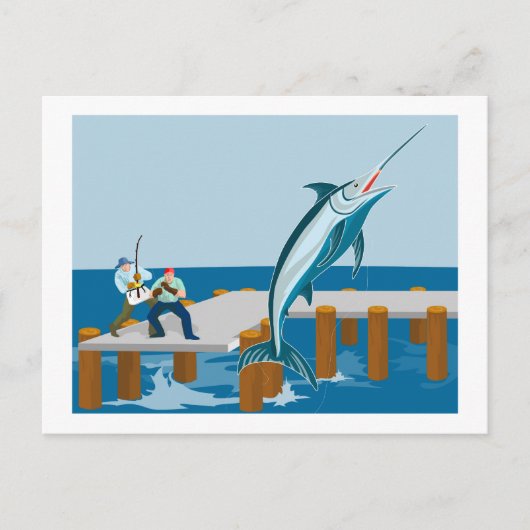 Carte Postale Marlin bleu sautant avec pêcheur (Devant)