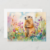 Carte Postale Marmotte sur un tableau d'aquarelle de prairie fle (Devant / Derrière)