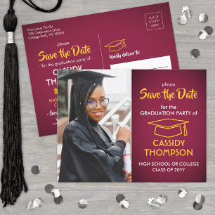 Carte Postale Maron et Gold Graduation Photo Enregistrer la date