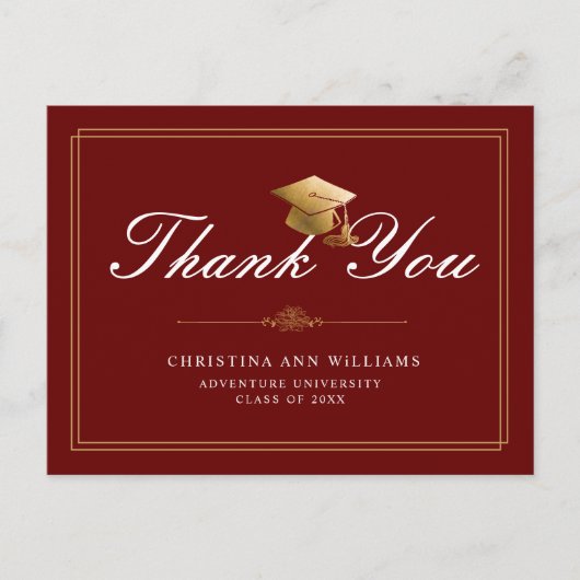 Carte Postale Maroon Gold White Script Graduation Thank You (Devant)
