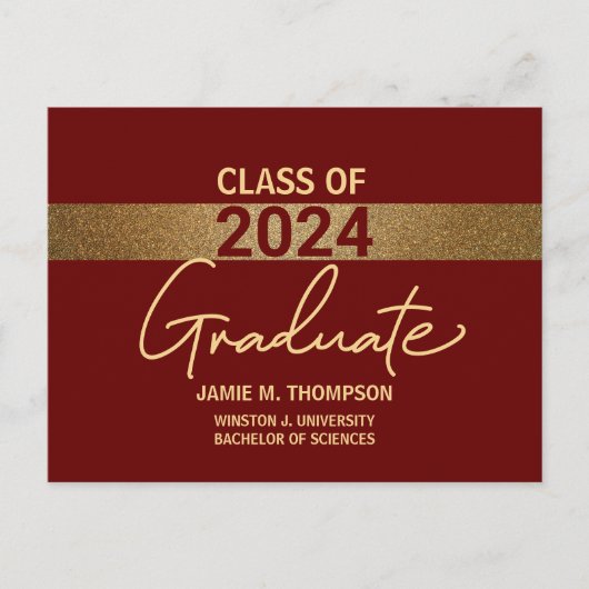 Carte Postale Maroon Red Gold Class 2024 University Graduation (Devant)