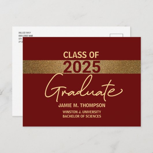 Carte Postale Maroon Red Gold Class 2025 University Graduation (Devant / Derrière)