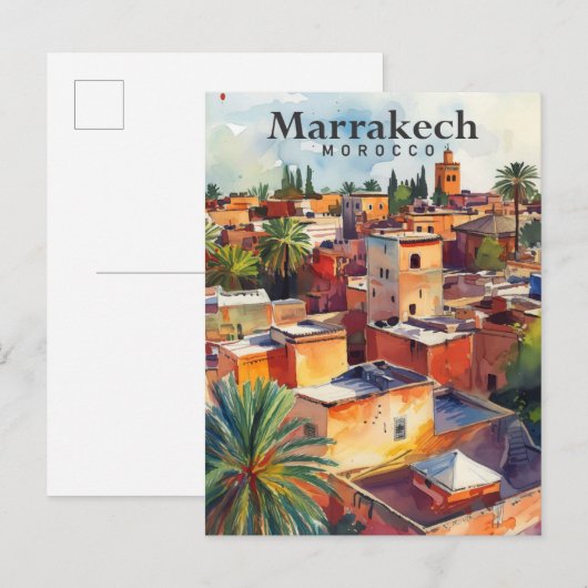 Carte Postale Marrakech Maroc Peinture Aquarelle Voyage (Devant / Derrière)