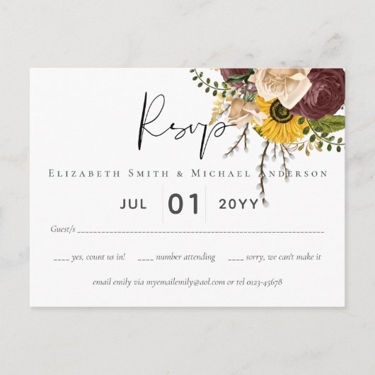 Carte Postale Marsala Roses Sunflowers Budget Mariage pas cher (Devant)