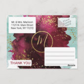 Carte Postale Marsala Rouge Turquoise Aquarelle or Merci de spla (Dos)