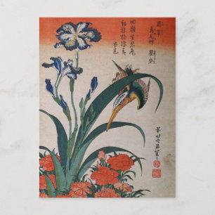 Carte Postale Martin pêcheur commun, Iris Japonica et Dianthus