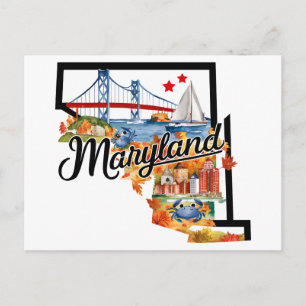 Carte Postale Maryland États-Unis État Forme Vintage Aquarelle