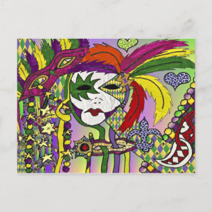 Carte Postale Masque à plumes de Mardi Gras psychédélique