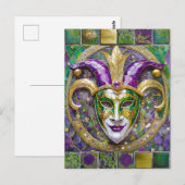Carte Postale Masque de Jester Mardi Gras Violet Vert Or (Devant / Derrière)