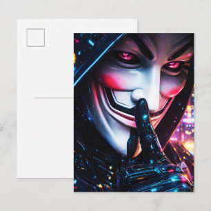 Carte Postale Masque de pirate informatique Cyberpunk Shush Neon