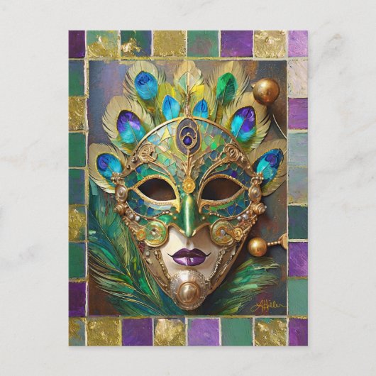 Carte Postale Masque de plumes de paon en céramique or Mardi Gra (Devant)